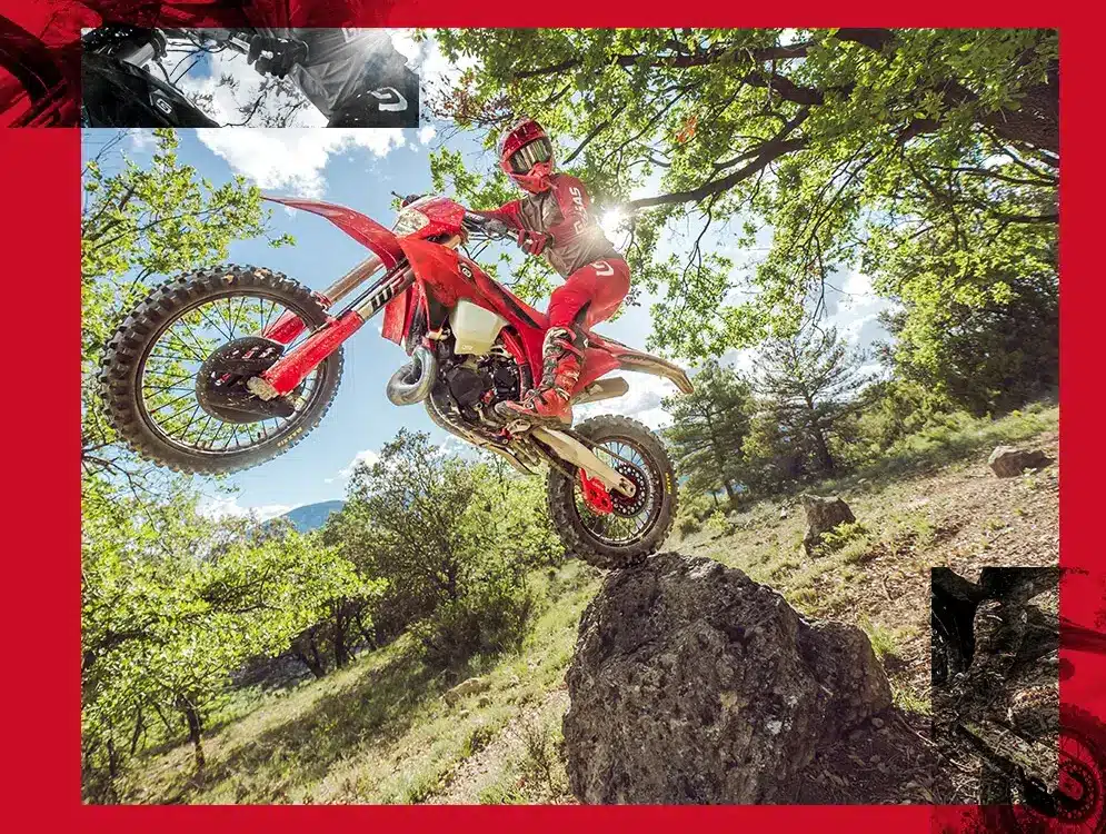 GASGAS EC 300 2026 Enduro-Motorrad springt über Fels im Wald bei Sonnenschein