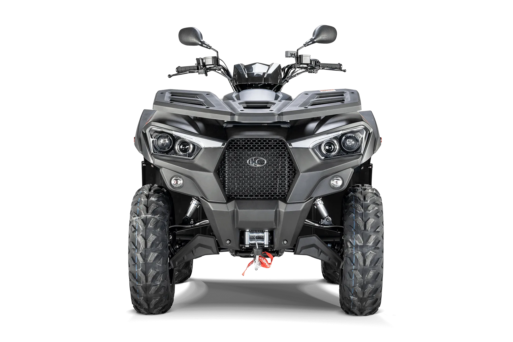 Frontansicht der Kymco MXU 550i ABS T3b, ein ATV mit massiver Karosserie und großen Reifen, geeignet für Arbeit und Gelände