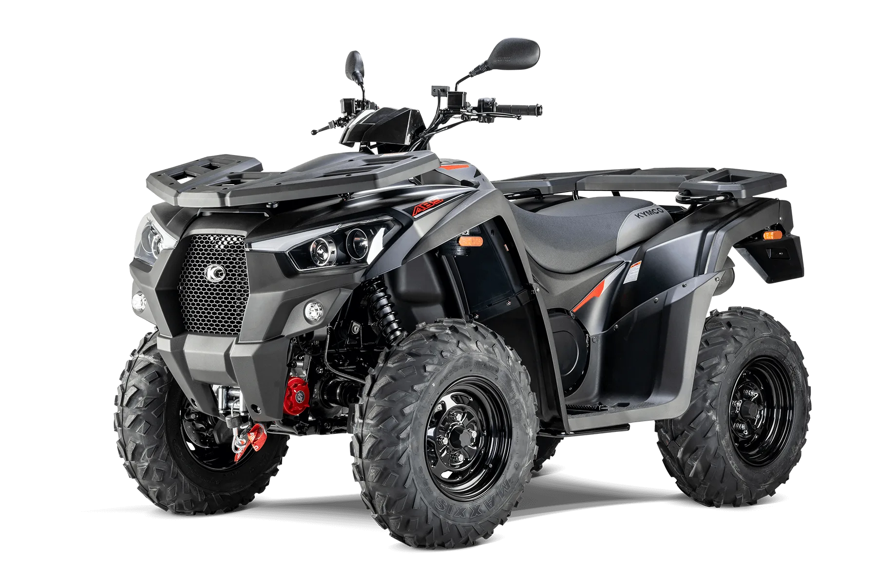 Kymco MXU 550i ABS T3b ATV in schwarzer Lackierung, frontal- und seitlich aufgenommen, mit markanter Front, großem Gepäckträger und grobstolligen Offroad-Reifen.