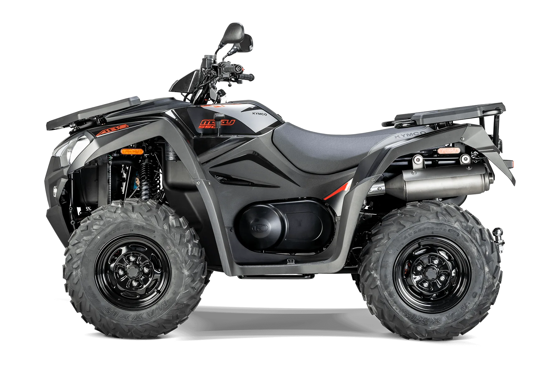 Kymco MXU 550i ABS T3b ATV von der Seite fotografiert, schwarze Verkleidung, grobe Profilreifen, Gepäckträger vorne und hinten.