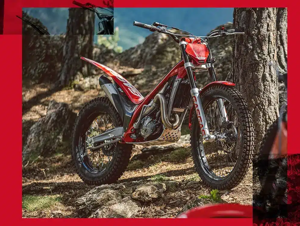 GASGAS TXT Racing 280 Motorrad im Wald auf felsigem Untergrund