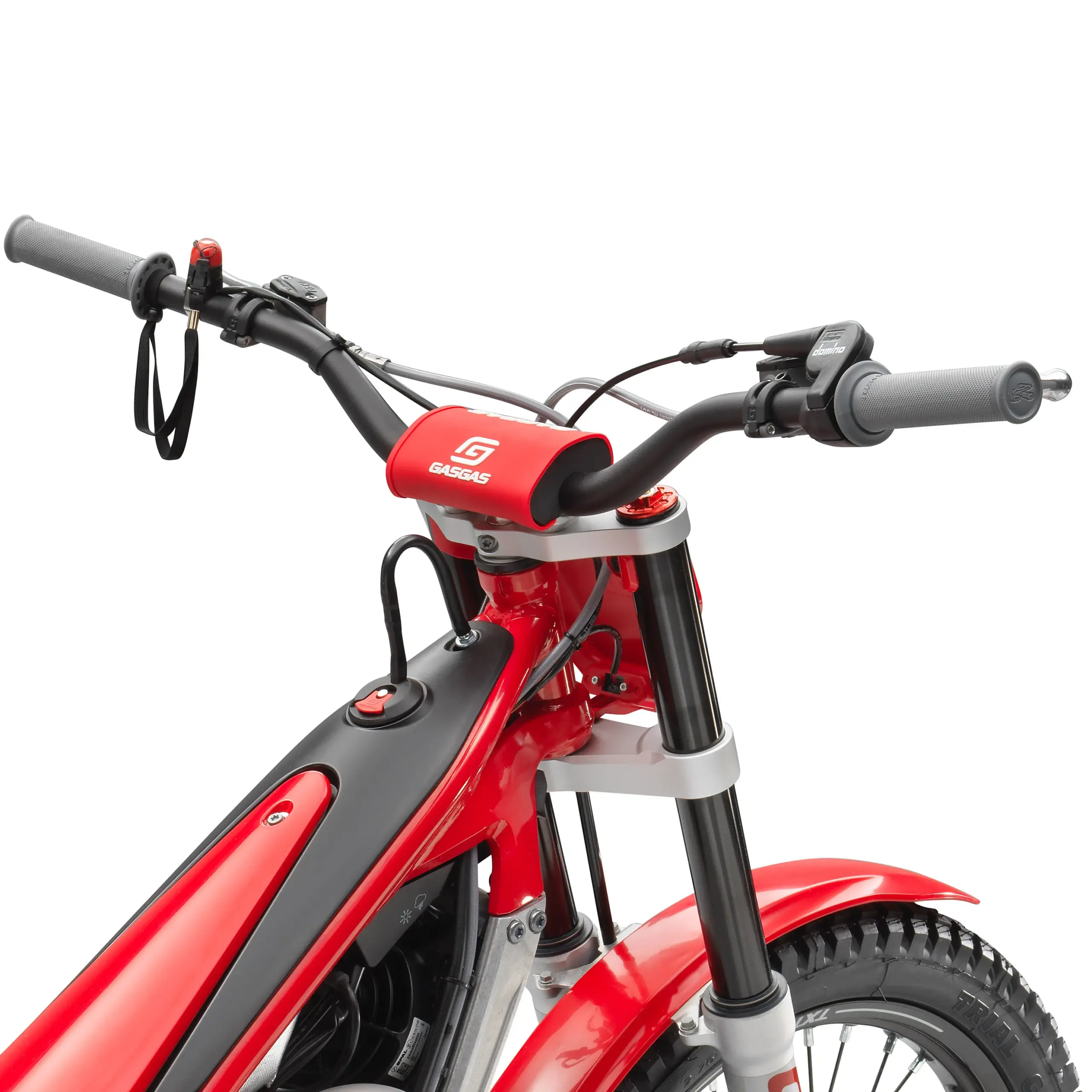 Detailaufnahme des Lenkers und der vorderen Gabel der GasGas TXT RACING 300 2025