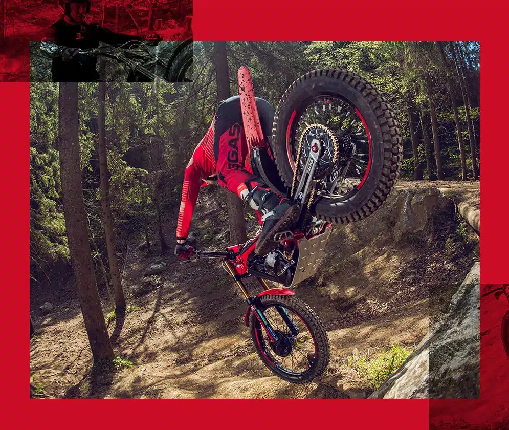 GASGAS TXT GP 300 Trial-Motorrad bei einer technischen Fahrübung im Wald