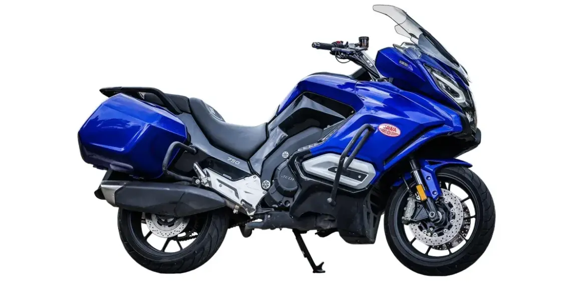 JAWA JD 750 Touring in Blau von der Seite mit Koffern und hoher Windschutzscheibe