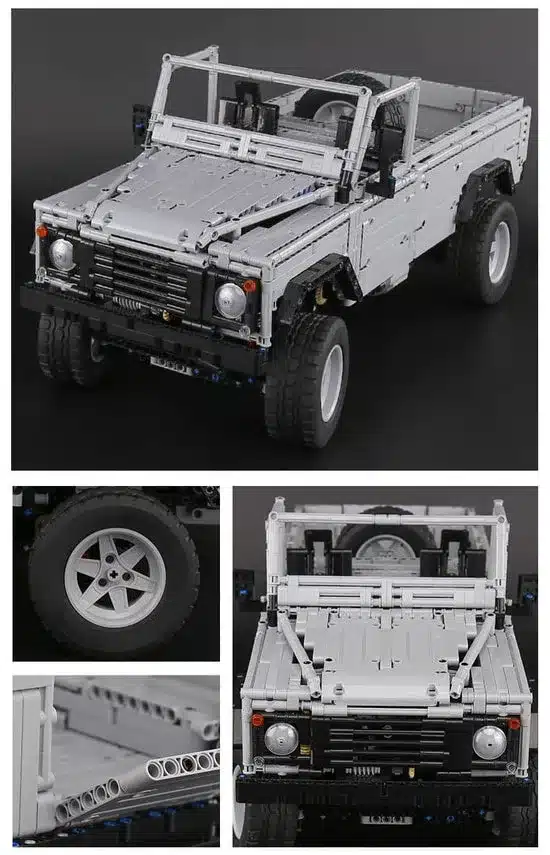 Modell eines ferngesteuerten Offroad-SUVs aus Klemmbausteinen mit offener Karosserie, Großaufnahme von Reifen und technischen Details