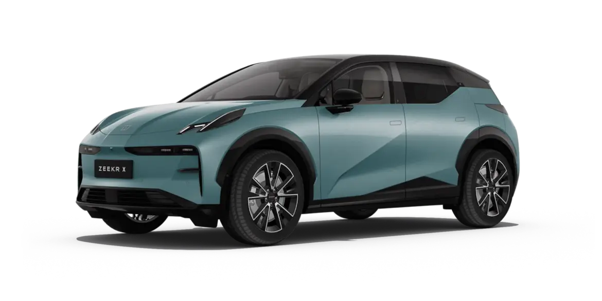 Seitenansicht des Zeekr X Elektroautos in blauer Lackierung vor transparentem Hintergrund.