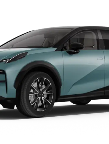 Seitenansicht des Zeekr X Elektroautos in blauer Lackierung vor transparentem Hintergrund.