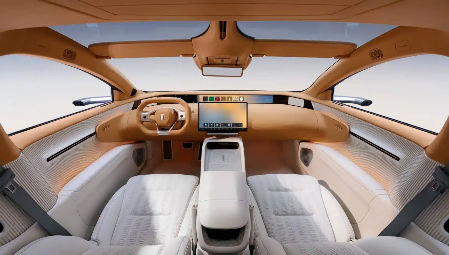 Luxuriöser, moderner Innenraum des AVATR 012 mit beigen Ledersitzen, großem Display und digitalem Cockpit.