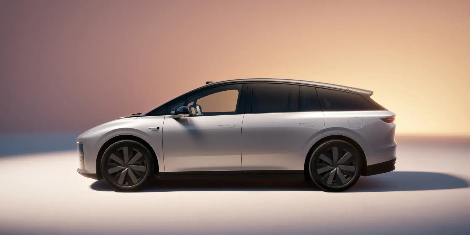 Li Auto i6 in Seitenansicht, silberfarbenes Elektro-SUV mit stromlinienförmigem Design vor sanftem Farbverlauf-Hintergrund.