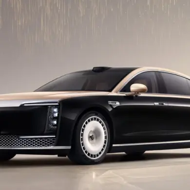 Zunjie S800 Limousine in Schwarz-Gold, seitliche Frontansicht im Studio