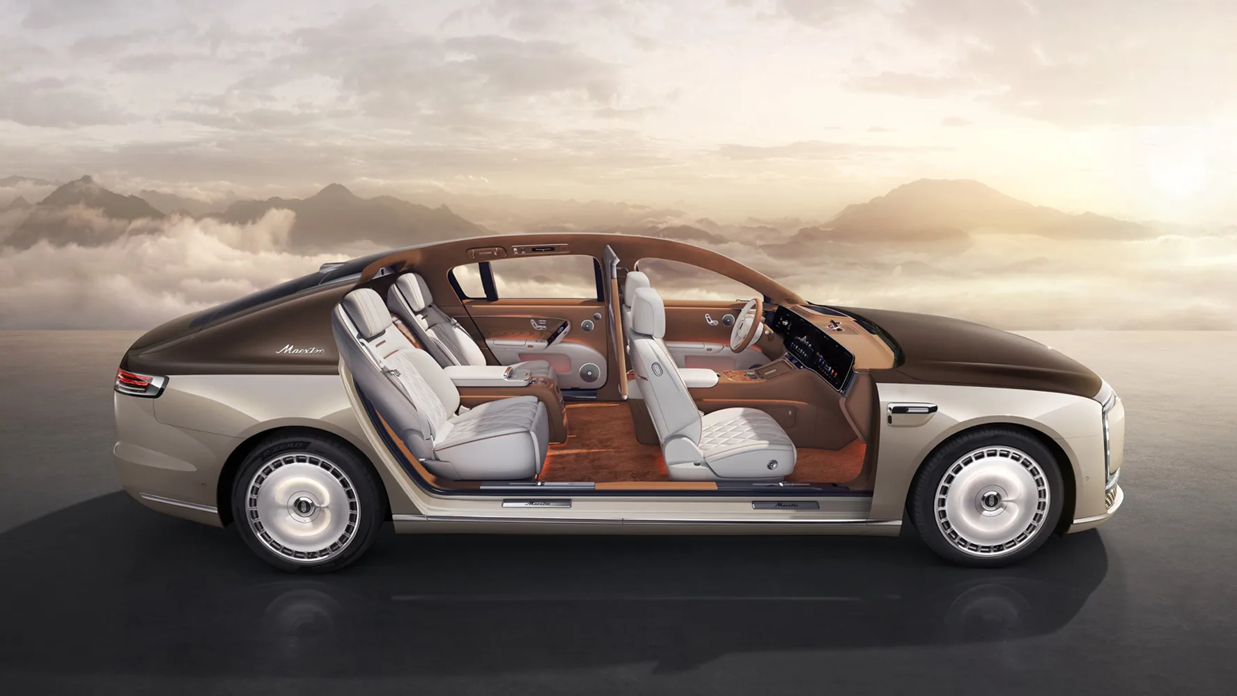 Seitenansicht des geöffneten Zunjie S800 mit luxuriösem Innenraum und vier Einzelsitzen.