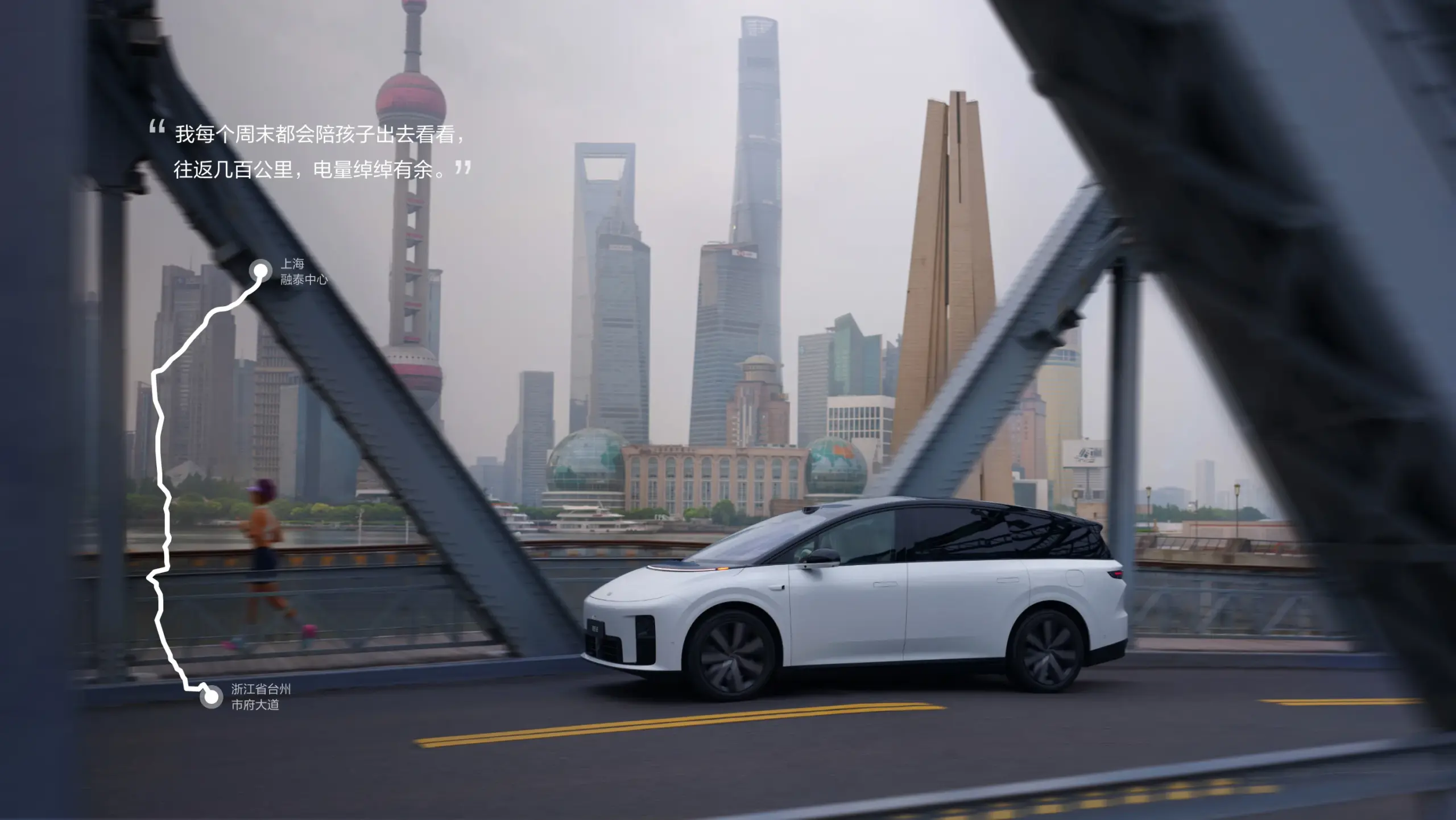Li i8 Elektro-SUV in Weiß fährt über eine Brücke, Skyline von Shanghai im Hintergrund