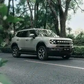 Jetour T1 i-DM Plug-in-Hybrid SUV steht auf einer Straße im Wald.