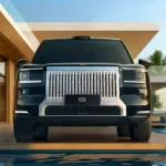 Zeekr 9X SUV von vorne mit prägnanter Chrom-Front und Lichtmatrix vor moderner Architektur mit Pool.