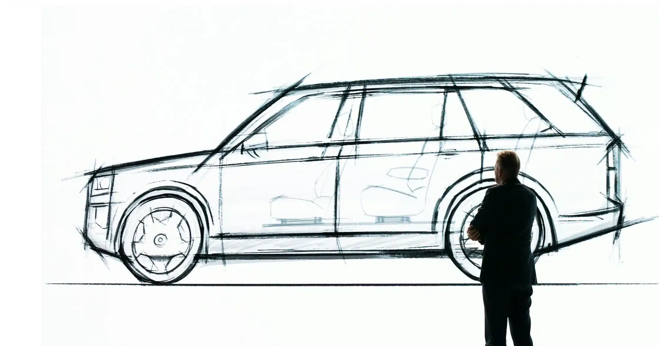 Ein Designer steht vor einer Skizze des Zeekr 9X mit betonten Sitzreihen und SUV-Form.