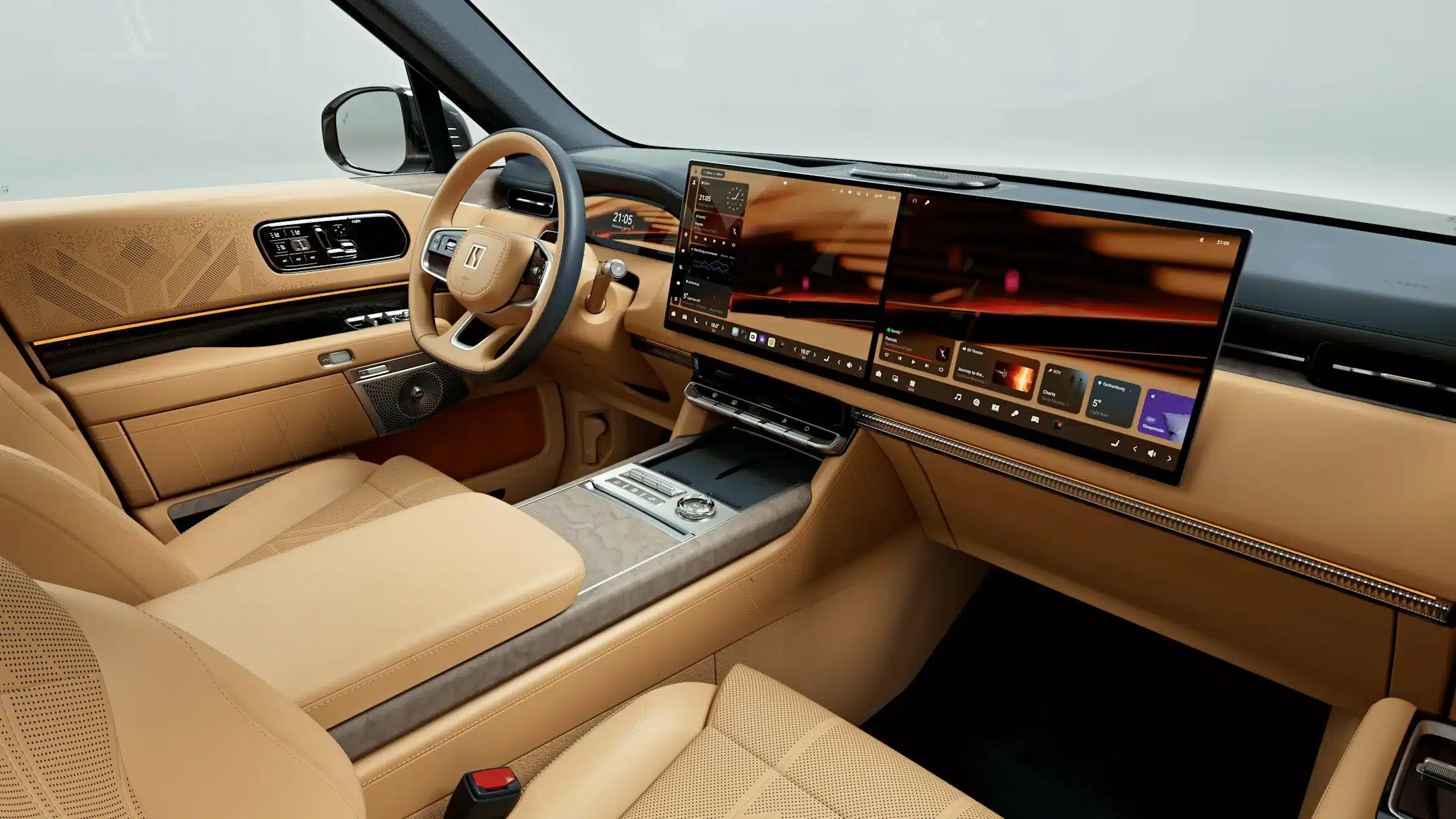 Moderner Innenraum des Zeekr 9X mit beigem Leder, großem Touchscreen und digitalem Cockpit.