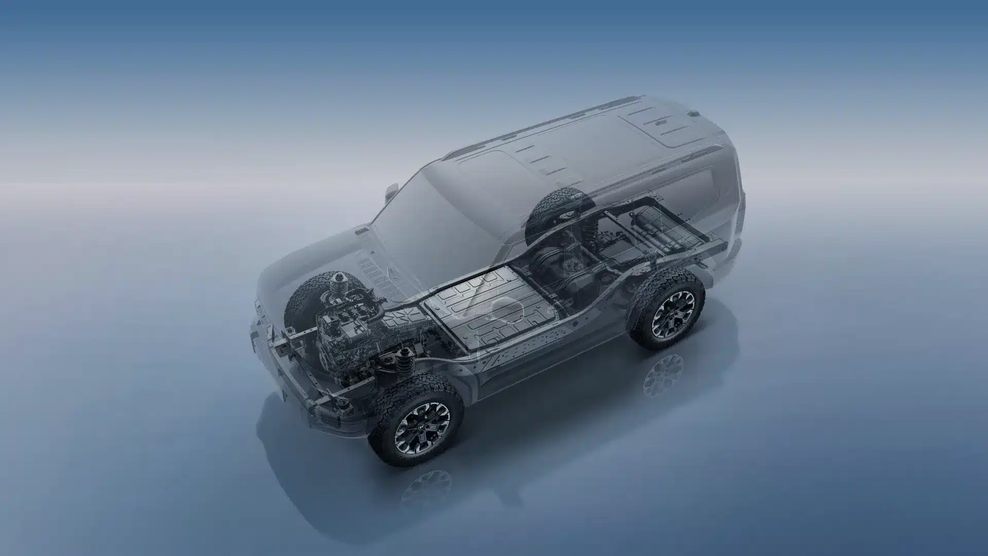 Jetour G700 Plug-in-Hybrid im Transparent-Rendering mit sichtbaren technischen Komponenten und Allradsystem
