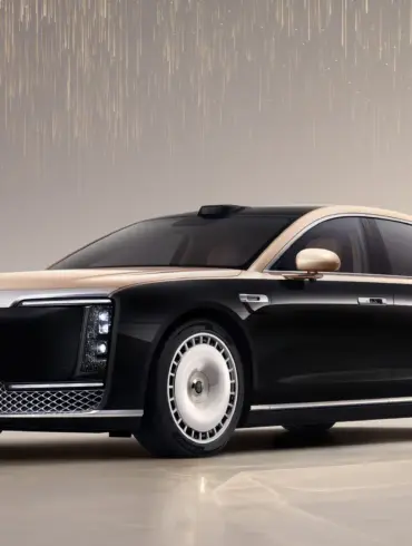 Maextro S800 Limousine in Schwarz-Gold, elektrische Premium-Limousine von außen betrachtet.