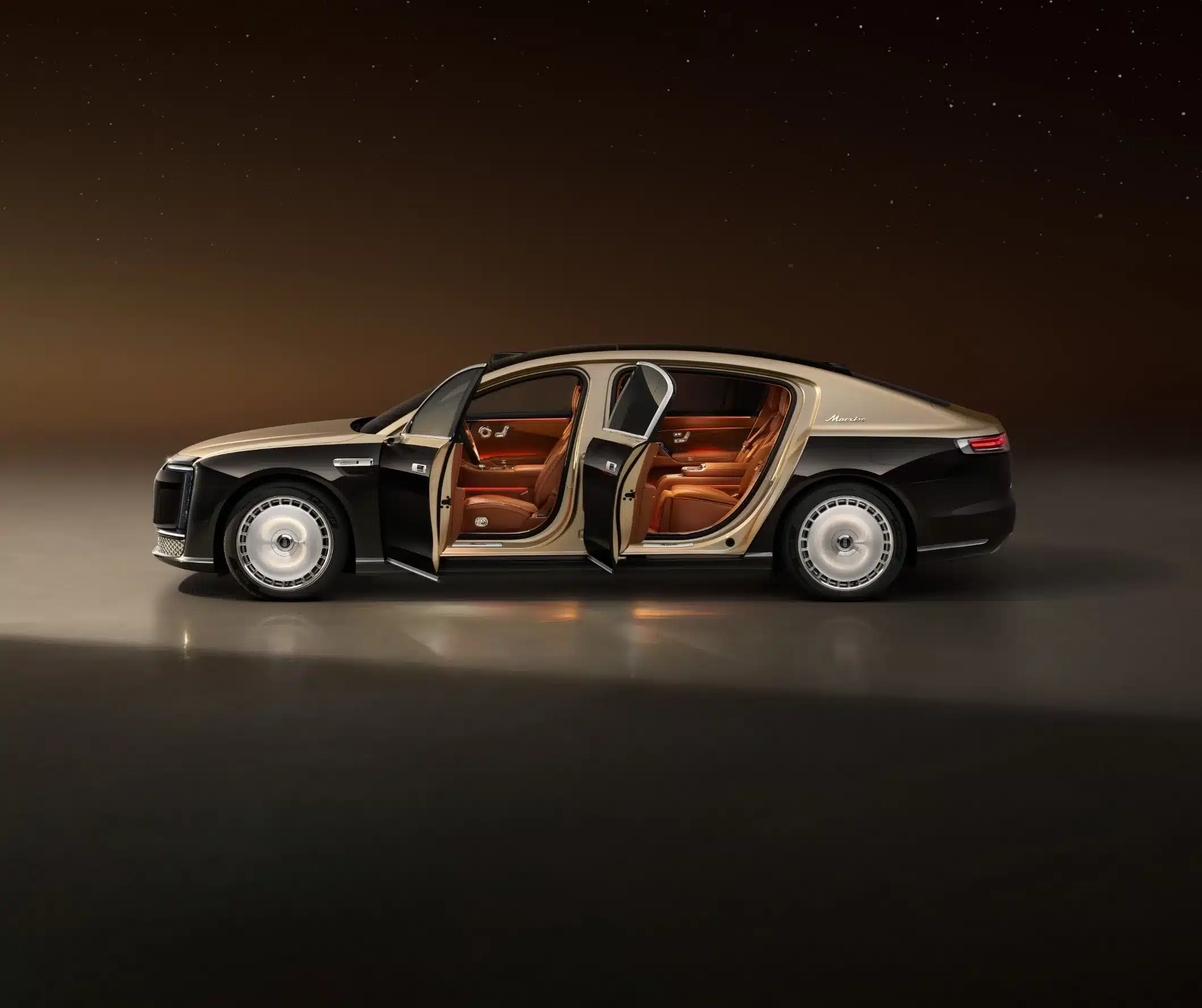Maextro S800 Limousine mit geöffneter Tür und luxuriösem Innenraum