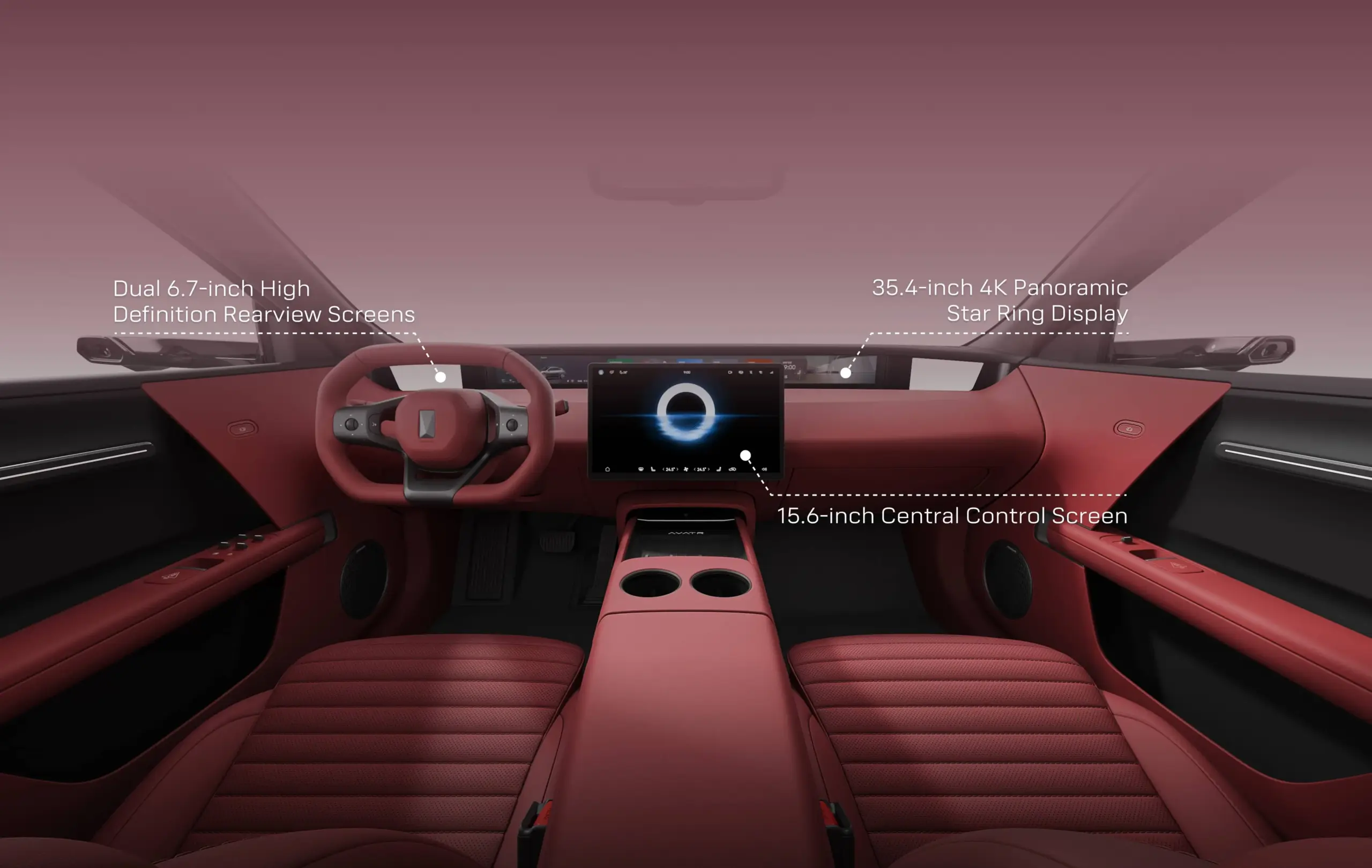 Innenraum des Avatr 06T, panoramaartiges 4K-Display, zentrales Touchscreen und hochwertige rote Lederausstattung
