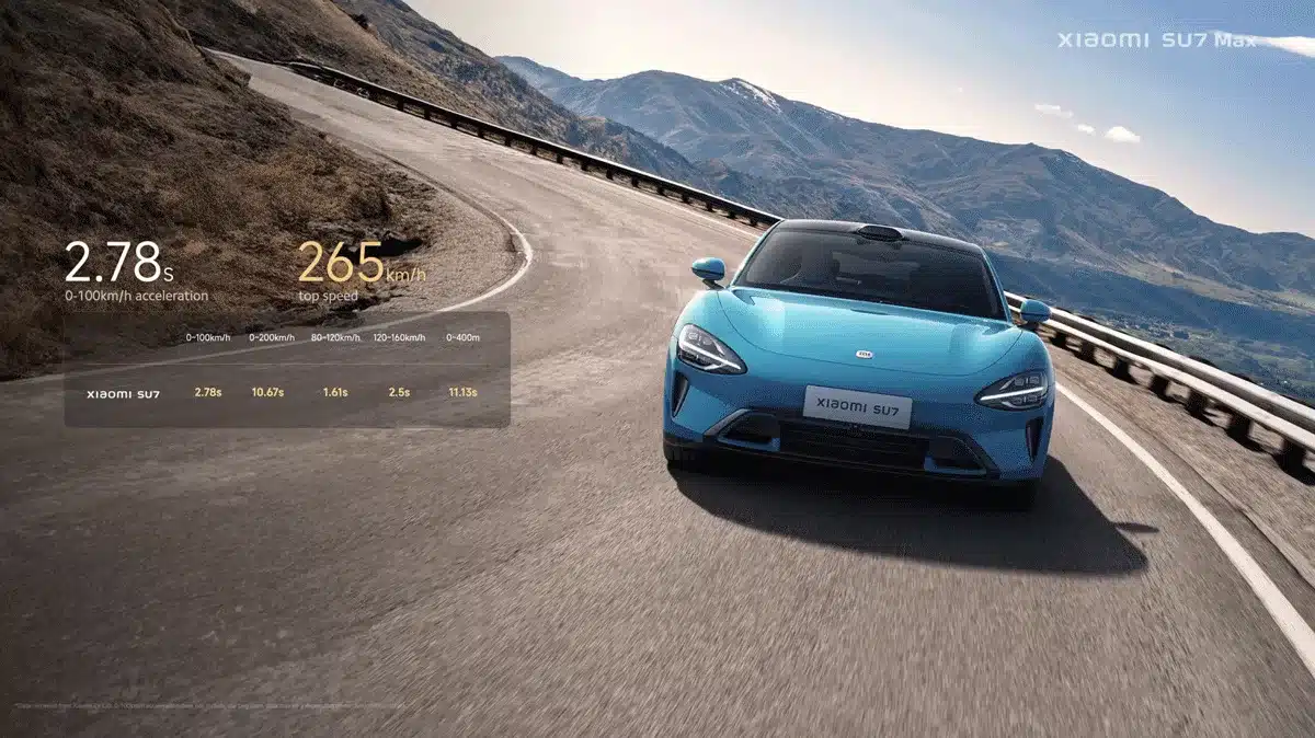 Xiaomi SU7 Max in Gulf Blue fährt dynamisch auf einer Gebirgsstraße, Frontansicht mit Leistungsdaten eingeblendet.
