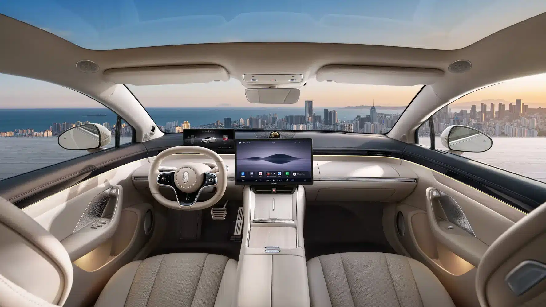 Blick in den Innenraum eines Zhijie S7 oder R7 mit hellem Leder, großem Mitteldisplay und Panoramaglasdach, Skyline im Hintergrund