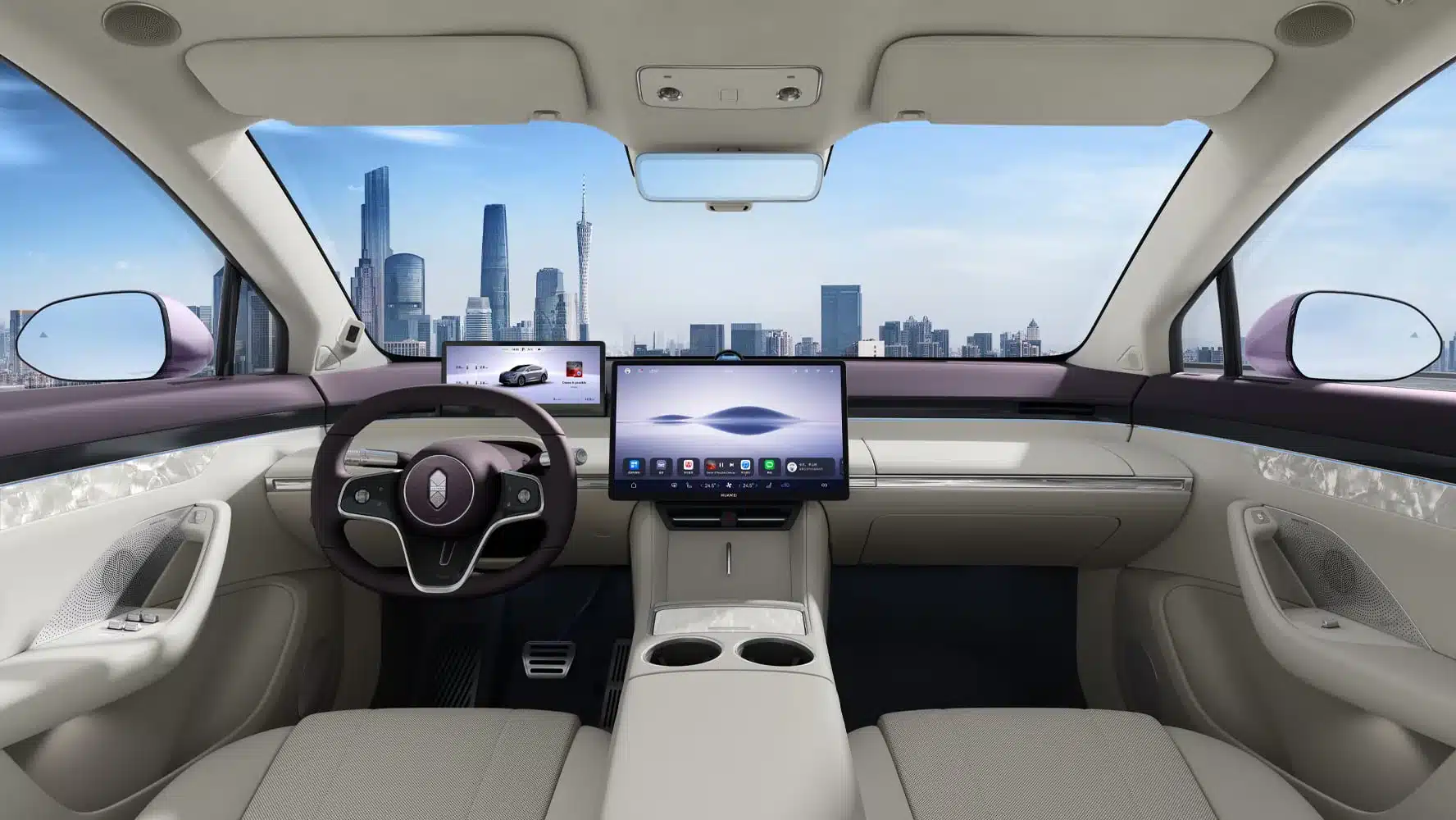 Innenraum des Zhijie R7 mit großem Touchscreen, digitalem Kombiinstrument und Panoramadach