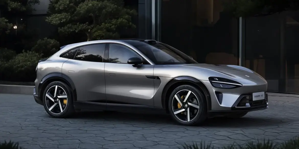 Xiaomi YU7 silberner Elektro-SUV seitlich vor moderner Gebäudefassade