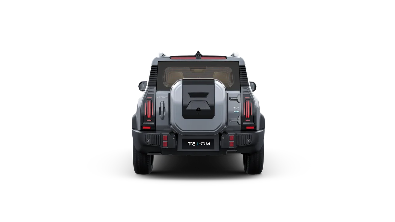 Rückansicht eines grauen Jetour T2 i-DM Hybrid-SUV mit Reserverad und markanten Rückleuchten.