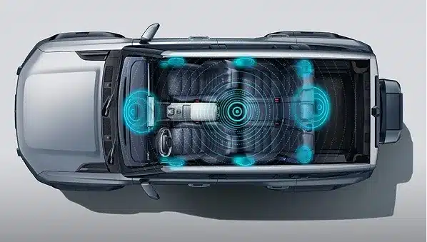 Top-Down-Ansicht des SUV-Innenraums mit hervorgehobenen Lautsprechern und Soundzonen.