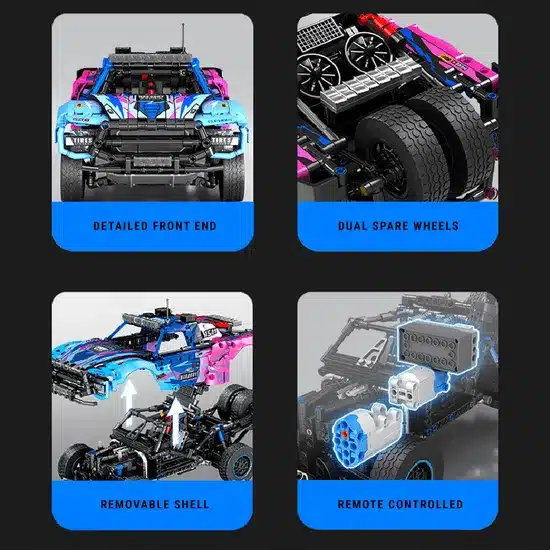 Das Klemmbaustein-Modell des Dakar Trophy Trucks zeigt detaillierte Front, zwei Ersatzräder, abnehmbare Karosserie und die Fernsteuerungseinheit.