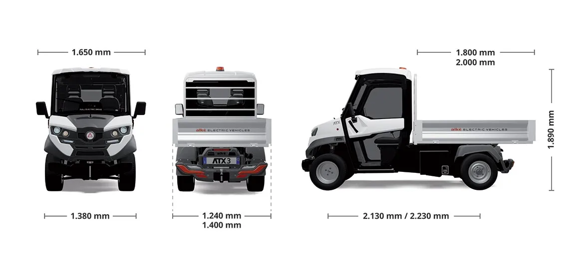 ATX340E Elektro-Lastenfahrzeug, Maße aus Front-, Heck- und Seitenansicht dargestellt.