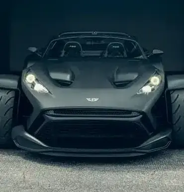 Frontansicht des Donkervoort F22 Bare Naked mit blanker Carbonfaser-Karosserie vor einer Industriehalle.