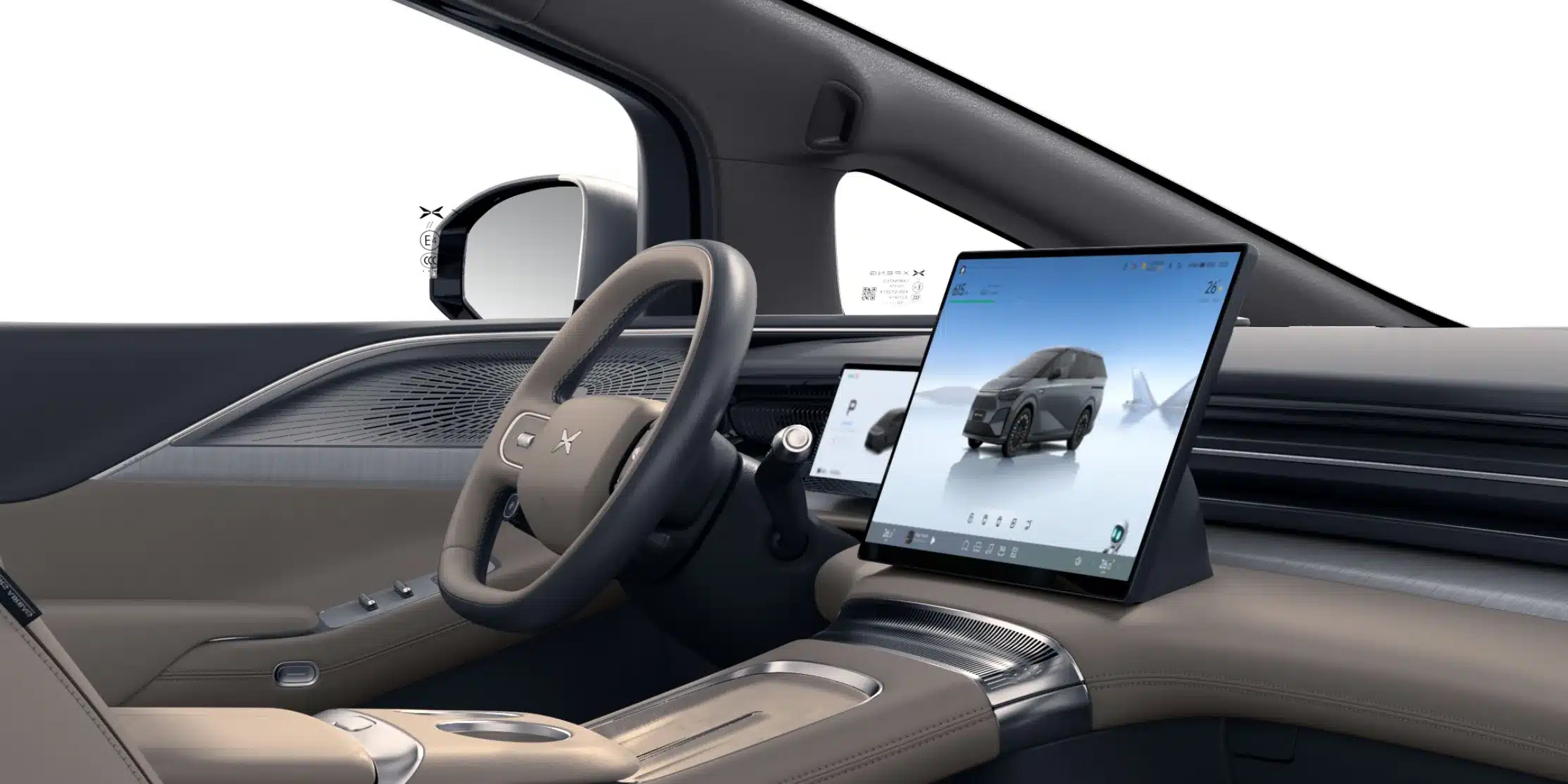 Cockpit und Innenraum des XPENG X9 mit großem Touchscreen und modernem Armaturenbrett