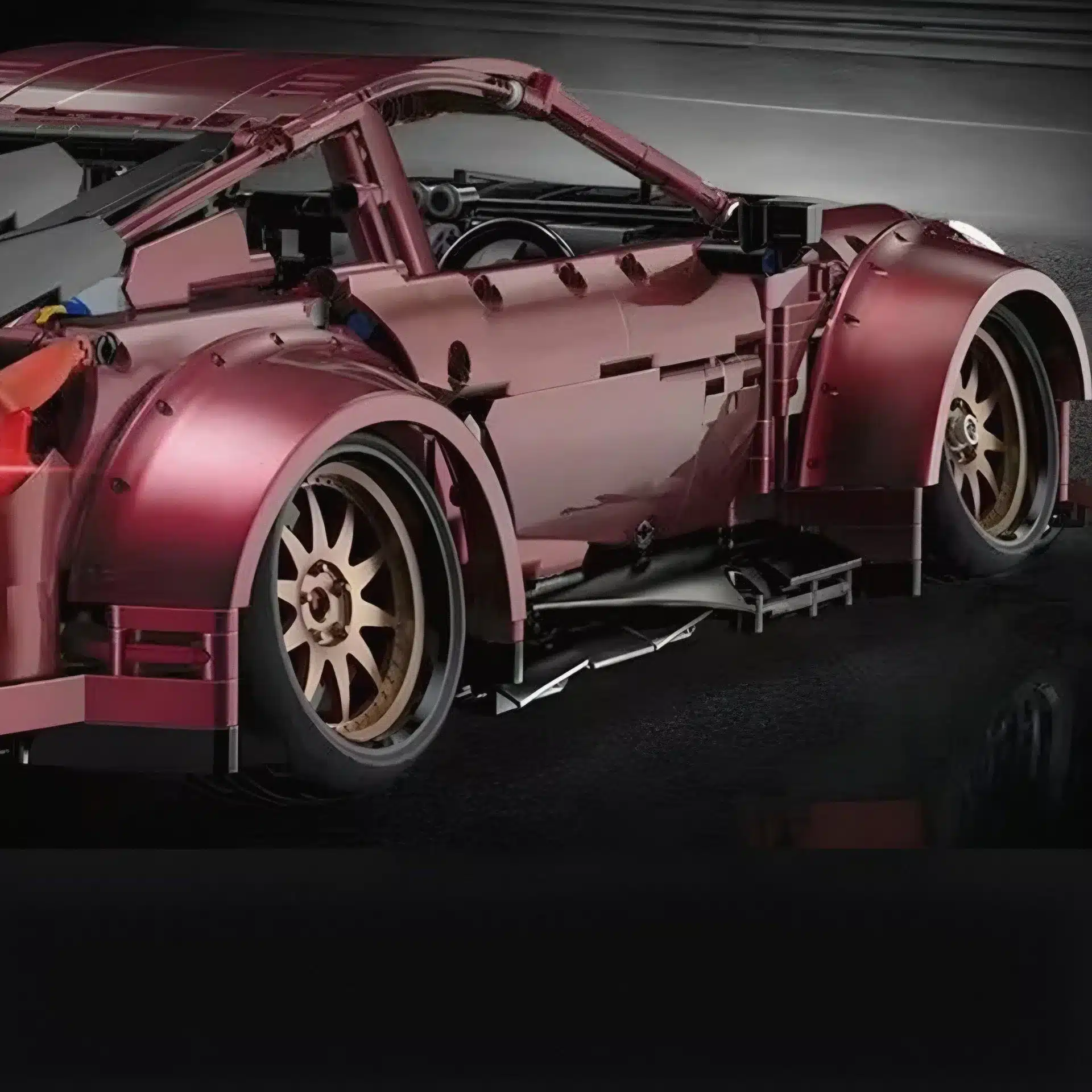 Stanced 350Z Modellauto aus Klemmbausteinen mit Widebody-Kit und satin karminroten Teilen
