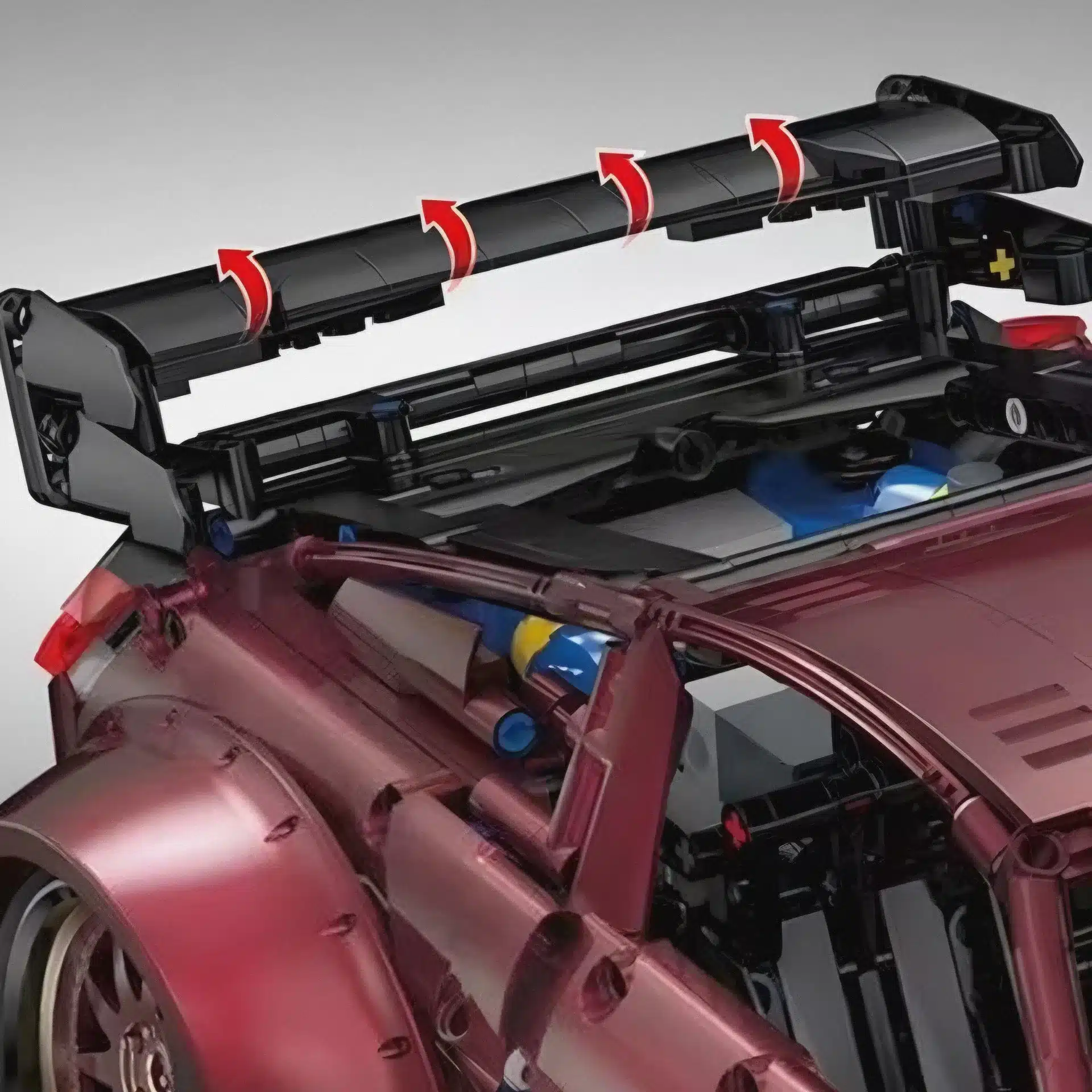 Nahaufnahme des verstellbaren Heckflügels am karminroten Stanced 350Z Klemmbausteinmodell
