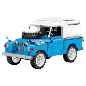 Klemmbaustein-Modell eines klassischen britischen Geländewagens in Blau und Weiß mit Ersatzrad auf der Motorhaube