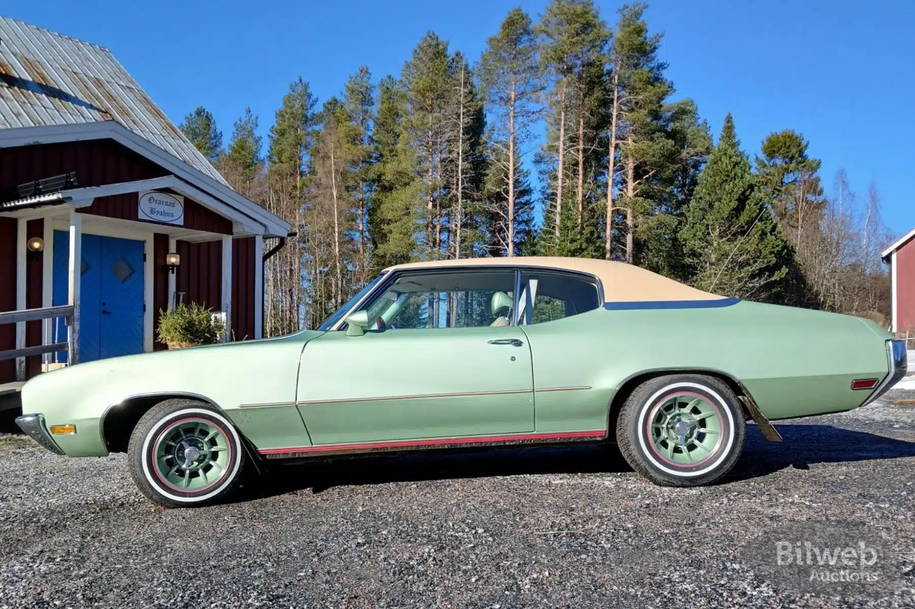 Buick Skylark Custom Sport Coupé V8 Baujahr 1970, grün, mit Vinyl-Dach, Seitenansicht vor schwedischer Kulisse