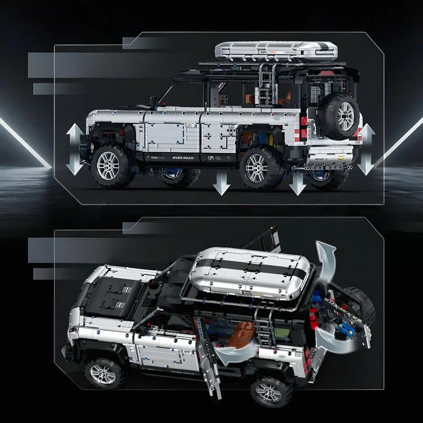 Klemmbaustein-Modell eines Defender mit vielen technischen Details in silber-schwarz