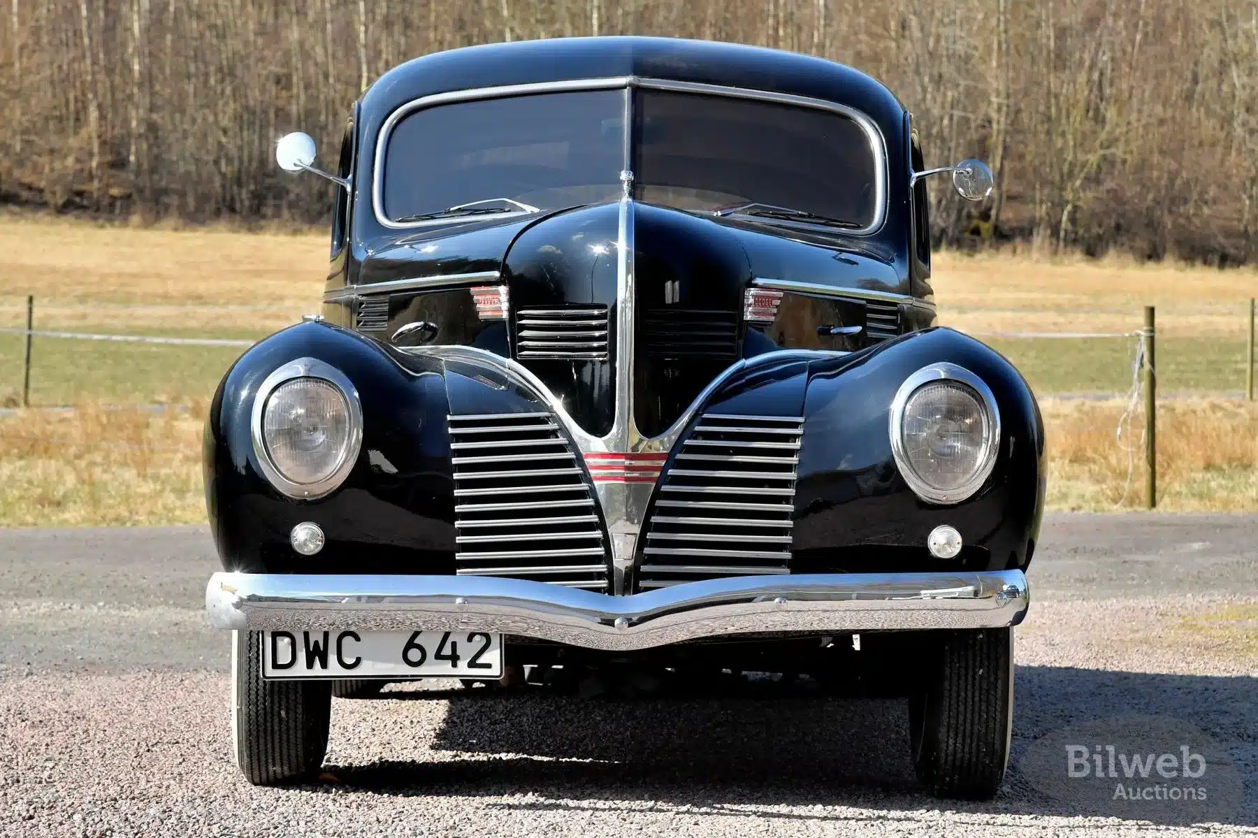 Der Dodge Senior Touring Sedan von 1939 aus der Frontperspektive, geparkt auf einer Landstraße.