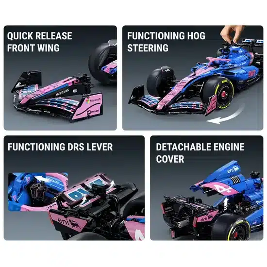 Detailaufnahmen des BWT Alpine Formel-1-Modells aus Klemmbausteinen mit beweglichen Flügeln, abnehmbarer Motorabdeckung und weiteren Funktionen.