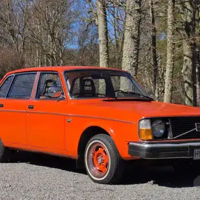 Hellroter Volvo 244 B20 Baujahr 1975 als klassische viertürige Limousine im Originalzustand, fotografiert im Freien vor schwedischer Waldkulisse.