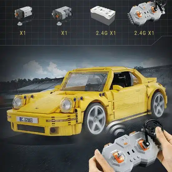 Klemmbausteinmodell des RUF Yellowbird im Maßstab 1:12 mit Fernsteuerung und technischen Details