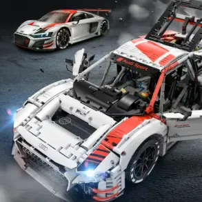 Detailaufnahme des ferngesteuerten Audi R8 LMS GT3 Modells mit sichtbarer Technik und Rennfahrzeug im Hintergrund