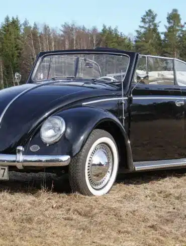 Frontansicht eines restaurierten schwarzen Volkswagen Käfer Cabriolets 1200 Baujahr 1956, mit geöffnetem Verdeck auf einer Wiese stehend.