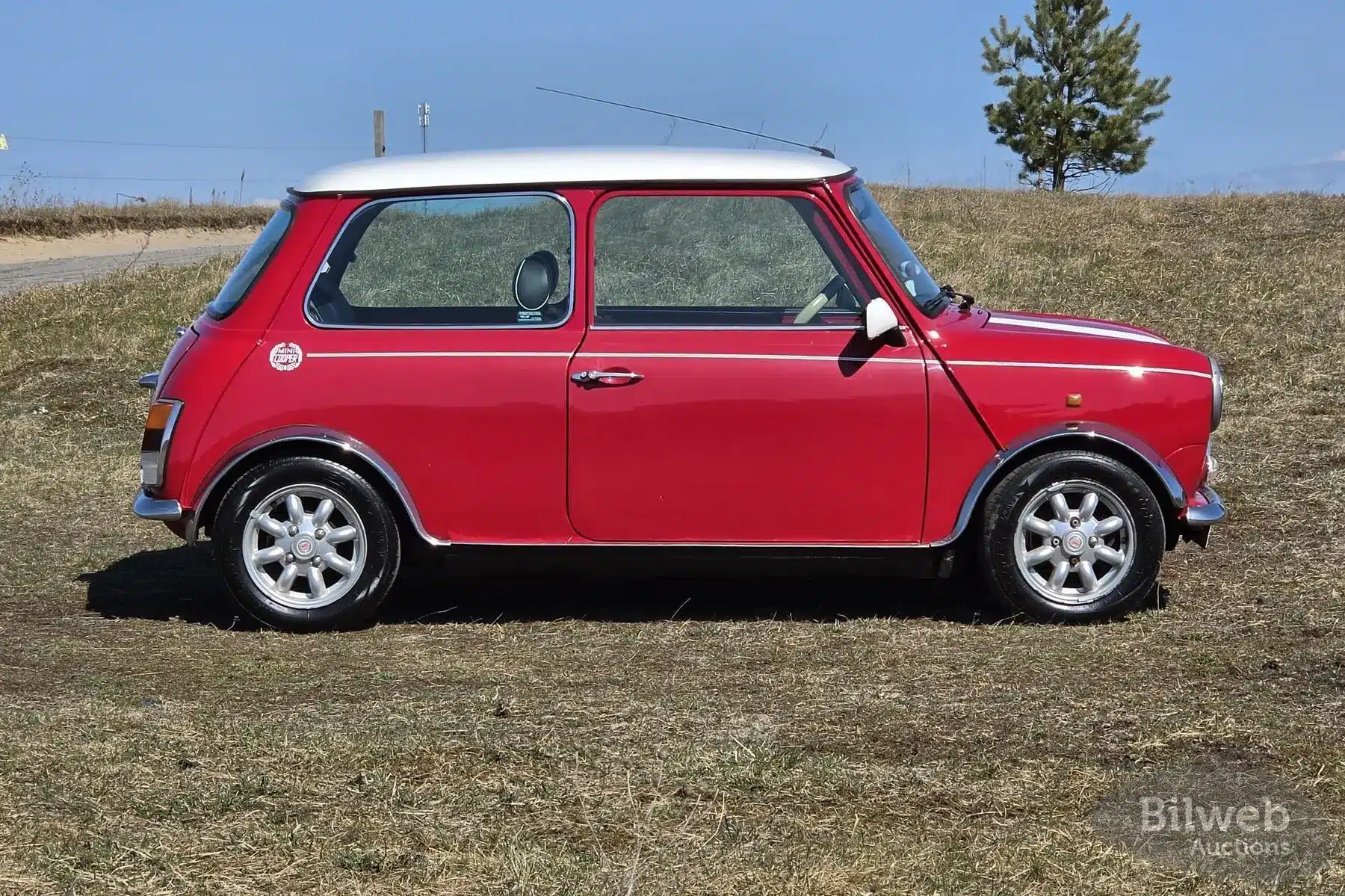 Rover Mini Cooper Baujahr 1997 in Rot mit weißem Dach, Seitenansicht auf einer Wiese