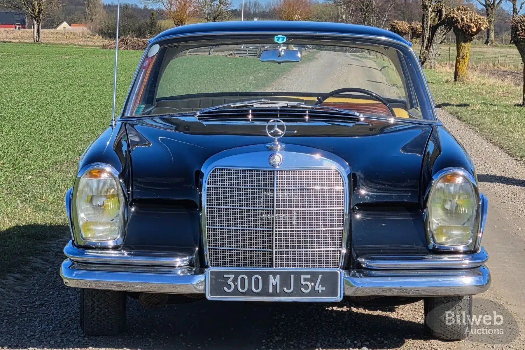 Frontansicht des Mercedes-Benz 300 SE Coupé W112 von 1964 mit französischem Kennzeichen auf Feldweg.