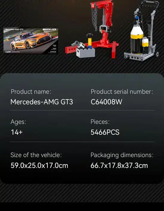 Technische Übersicht des Mercedes-AMG GT3 Klemmbaustein-Modells mit Teileanzahl, Maßen und Zubehör