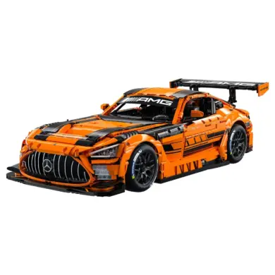 Klemmbaustein-Modell des Mercedes-AMG GT Black Series mit orange-schwarzer Lackierung und aerodynamischem Design