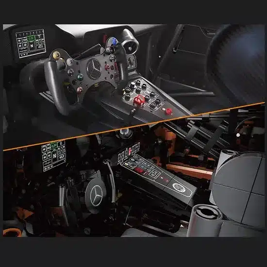 Detailaufnahme des Cockpits des AMG GT Black Series und dessen Nachbau aus Klemmbausteinen im Vergleich